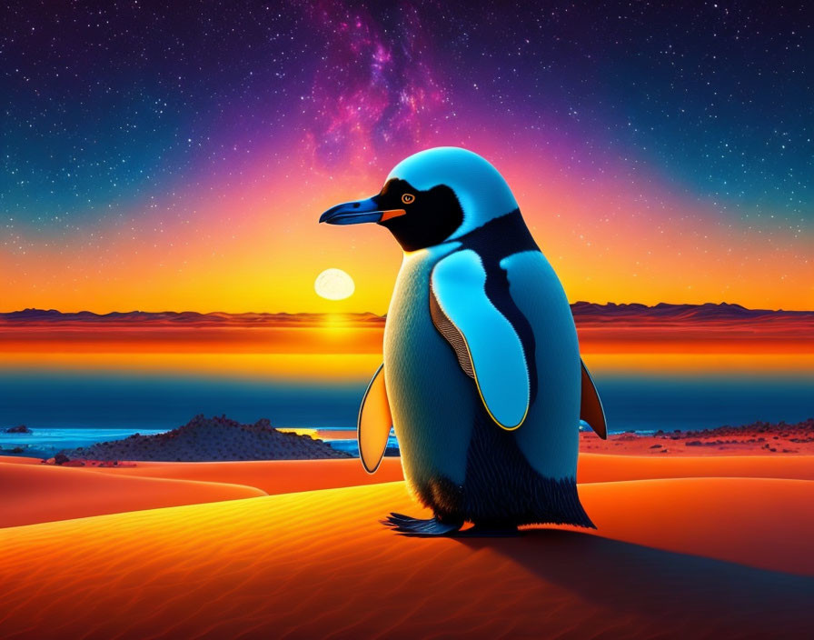 Penguin illustration on desert dune at sunset