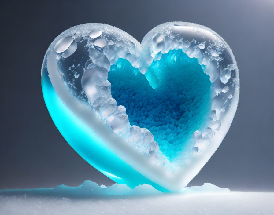 Translucent heart-shaped object with frosty texture and water droplets on blue background.