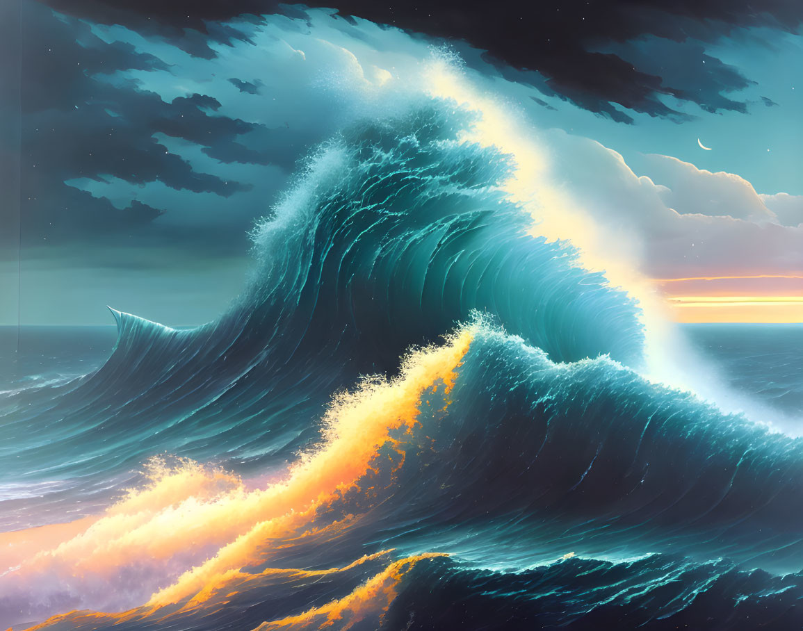 Majestic digital artwork: high ocean waves, crescent moon, orange hues, twilight sky