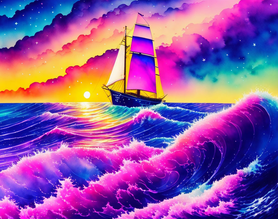 Colorful Sailboat Artwork with Sunset Sky and Waves