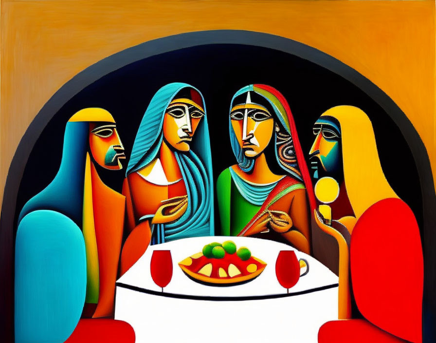 Vibrant painting of four elongated faces at a fruit-filled table