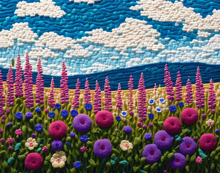 Vibrant textile art: flowers on blue sky