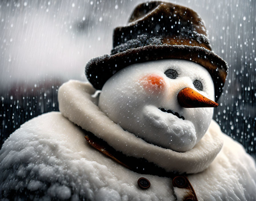 Cheerful snowman with carrot nose and brown hat in snowfall