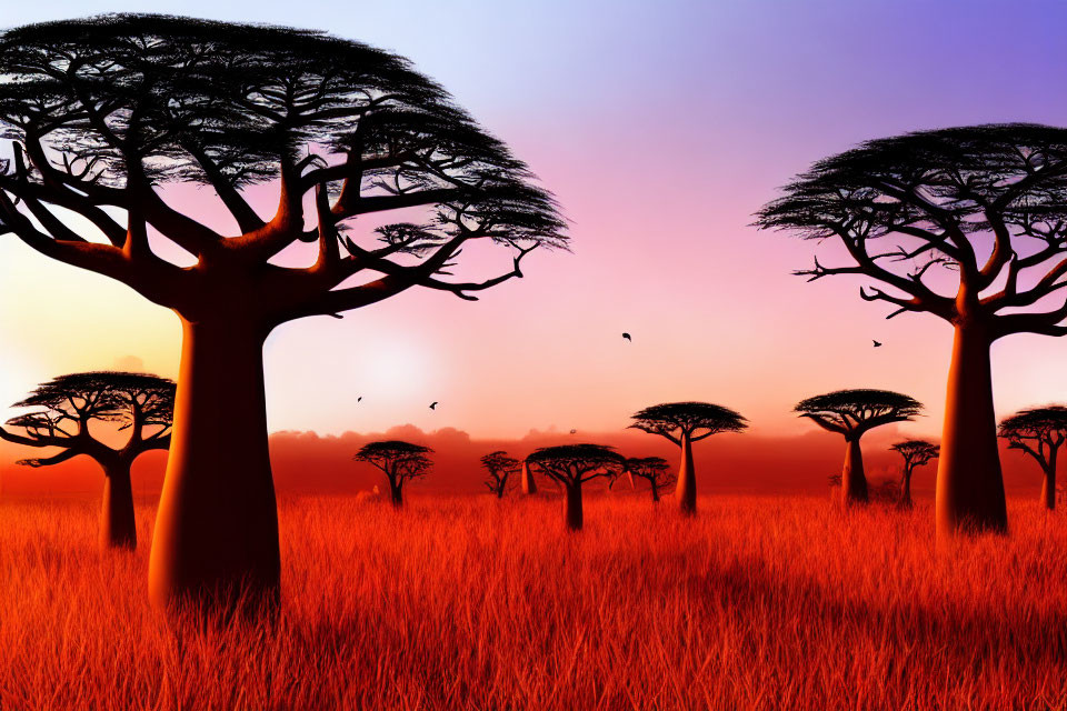 Silhouetted baobab trees in African savanna sunset with vibrant pink and orange sky