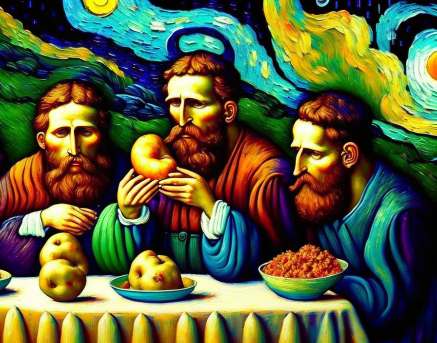 Three Bearded Figures with Apples in Van Gogh-Style Painting