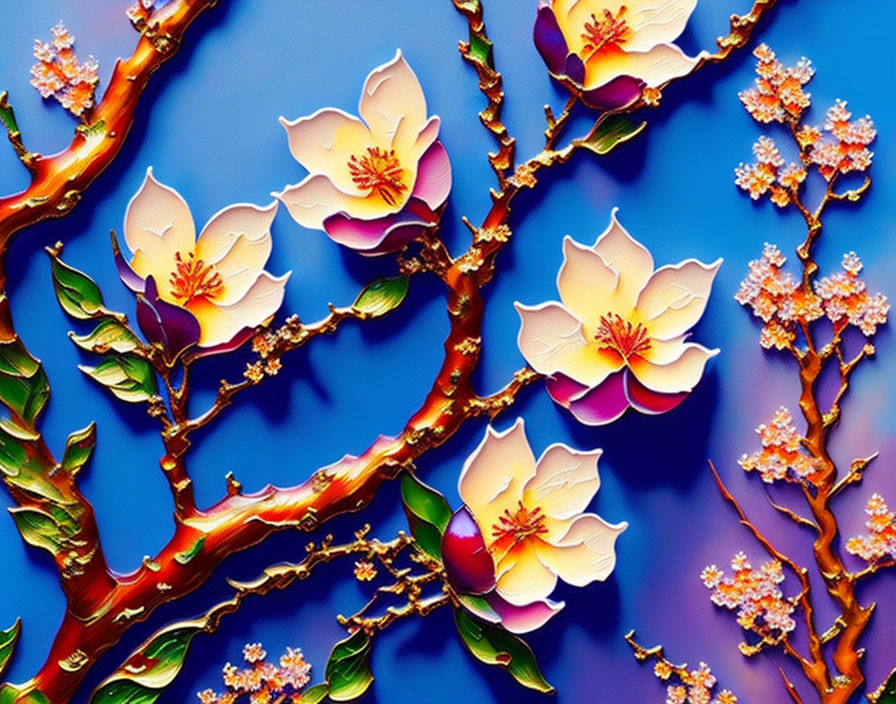 Colorful artwork of blossoming flowers on twisting branches against a glossy blue background