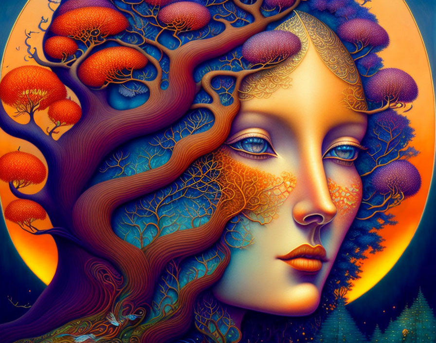 Vibrant artwork: woman's face merges with a tree, symbolizing nature connection on vivid sun