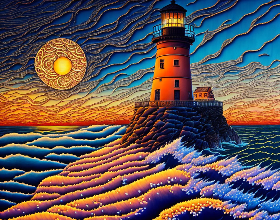 Stylized image of lighthouse on rocky outcrop with swirling skies.