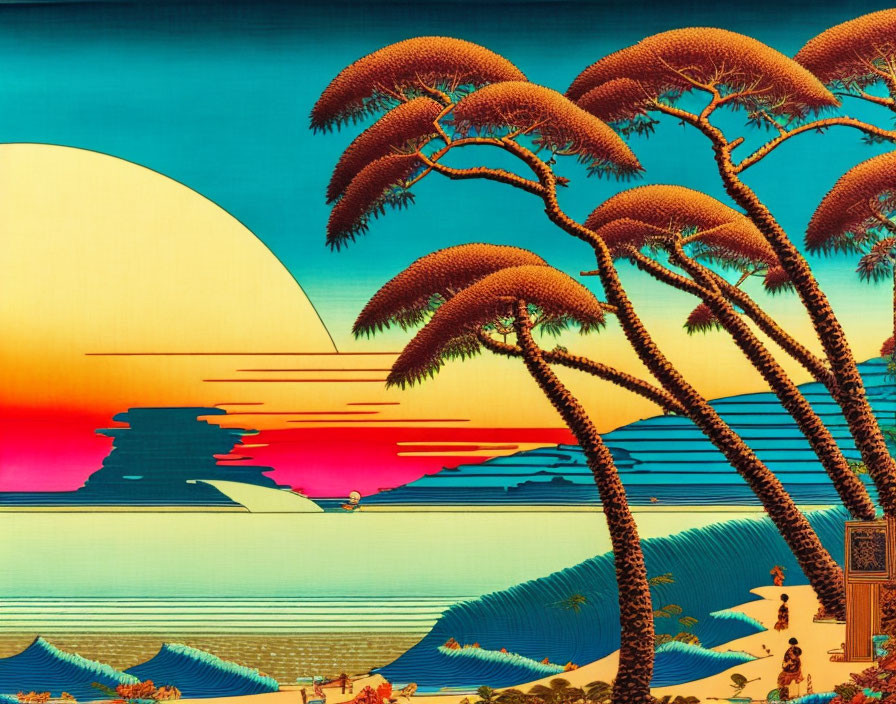 Stylized sunset artwork with palm trees and waves reminiscent of Japanese prints