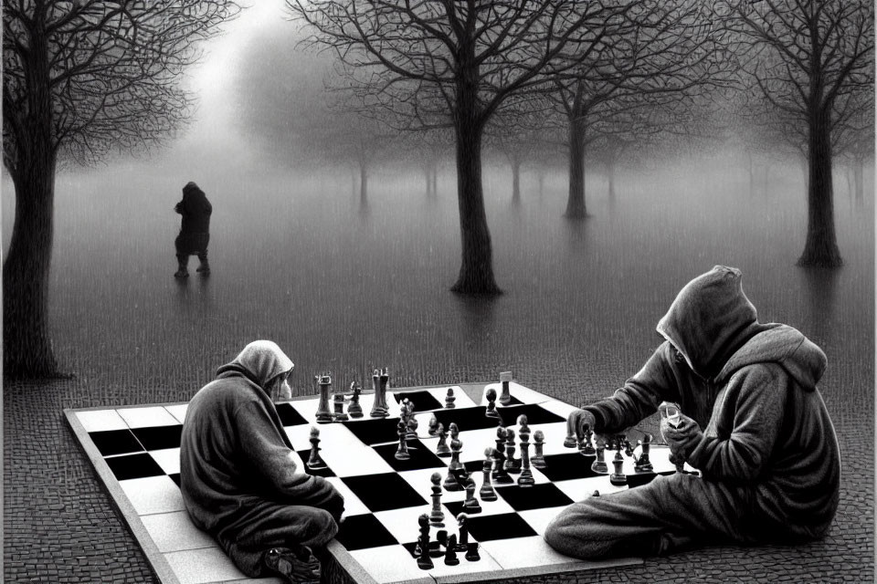 Two people in hoodies playing chess on giant board in foggy, tree-lined area