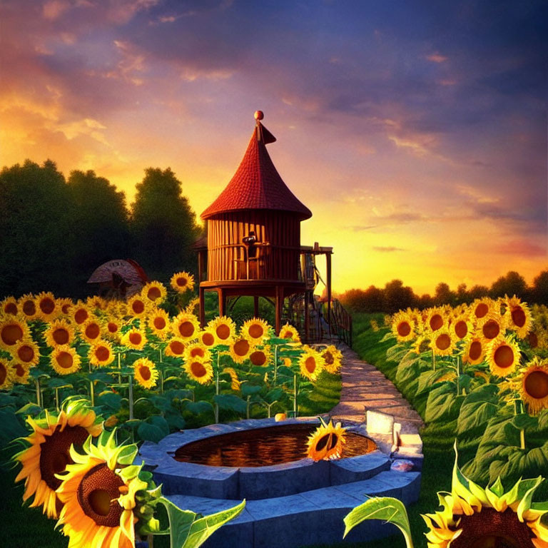 Sunflower-lined path to wooden gazebo near well in serene landscape