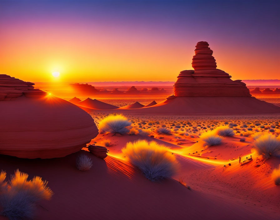 Scenic desert sunset with orange glow over sand dunes and rock formations