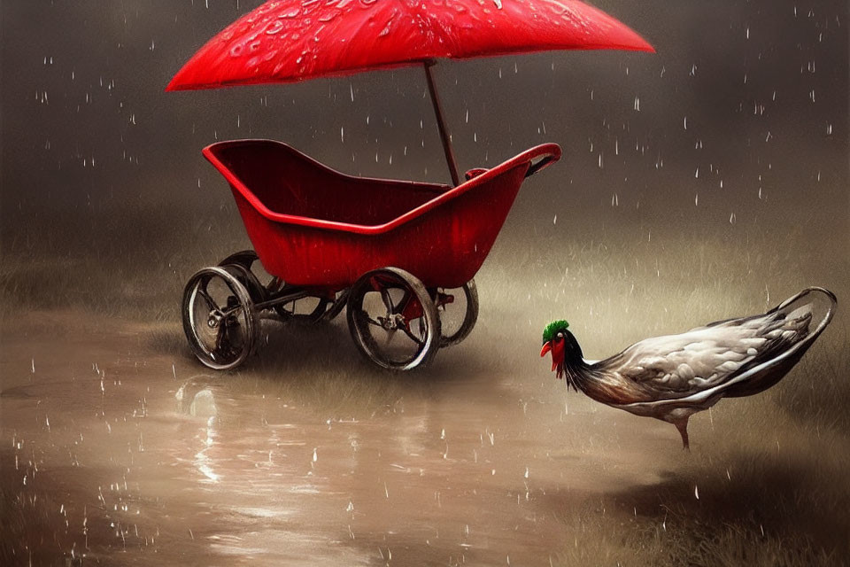 Red baby carriage with attached umbrella on wet path with pigeon under rainy sky