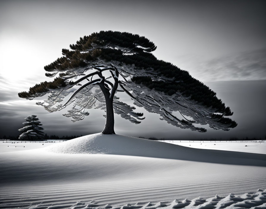 Snow-covered lone tree on hill under dramatic sky