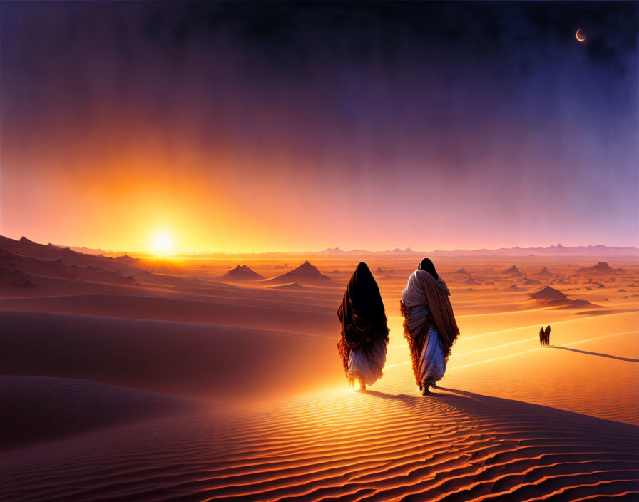 Two individuals in traditional robes stroll on desert dunes at sunset with a crescent moon.