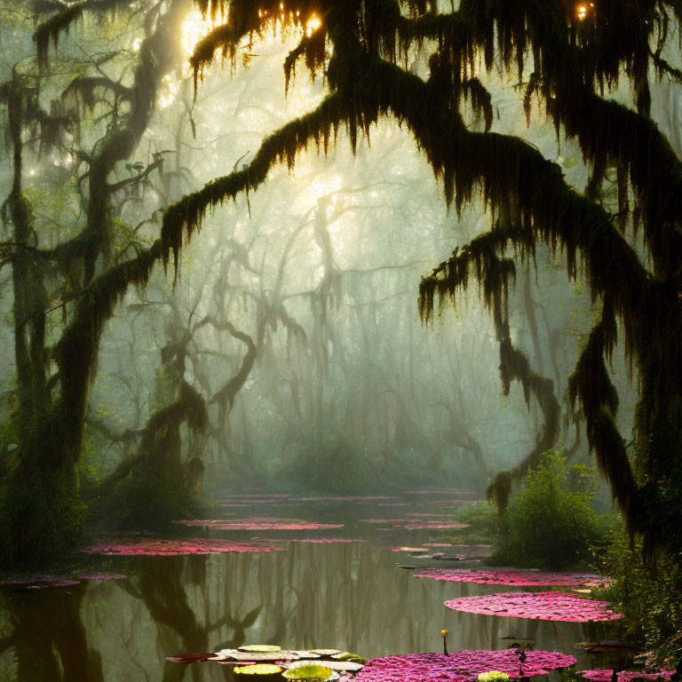 Sunbeams illuminate Spanish moss-covered swamp with pink lily pads.