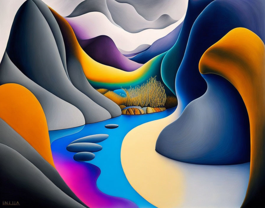 Vibrant surreal landscape painting with flowing forms and abstract elements