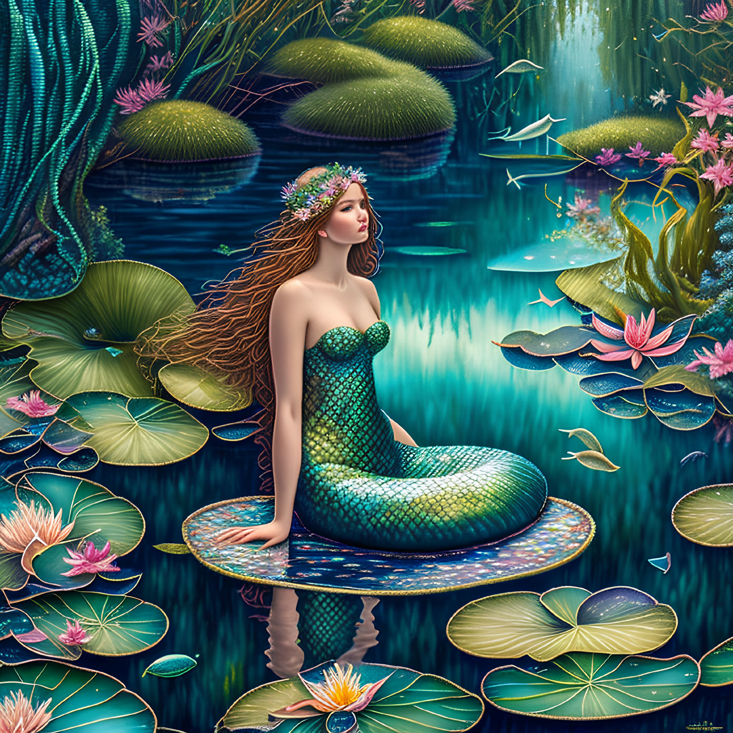 Mermaid with Long Hair on Lily Pad in Mystical Pond