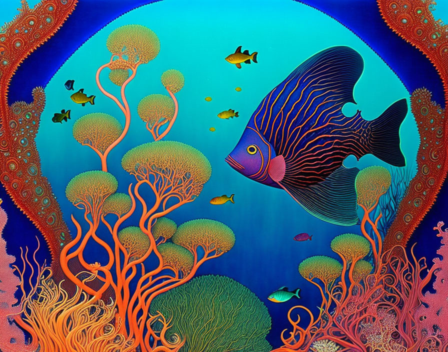 Colorful Underwater Coral Scene with Variety of Fish and Large Intricately Patterned Fish in Decor