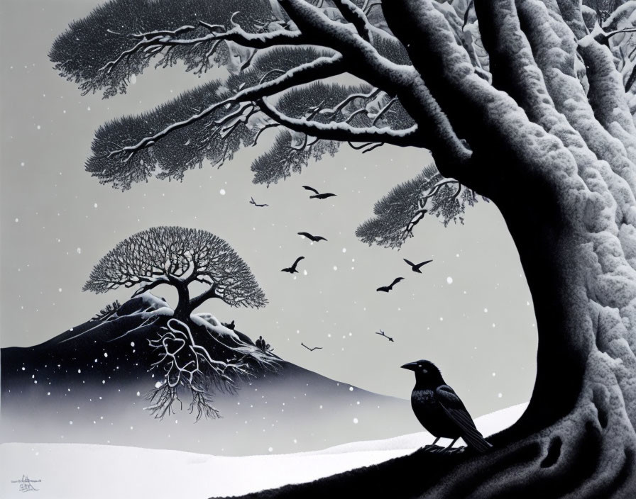 Monochrome surreal snowy landscape with large tree and birds