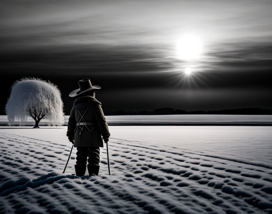 Person in winter coat and hat with ski poles in snowy landscape under dramatic sky.