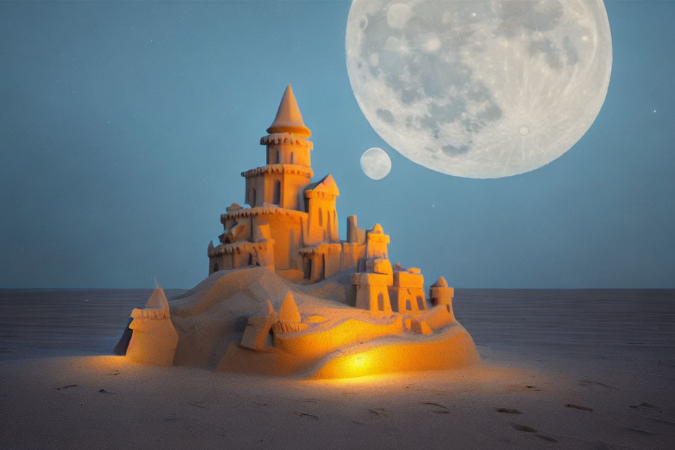 Intricately sculpted sandcastle on beach under full moon