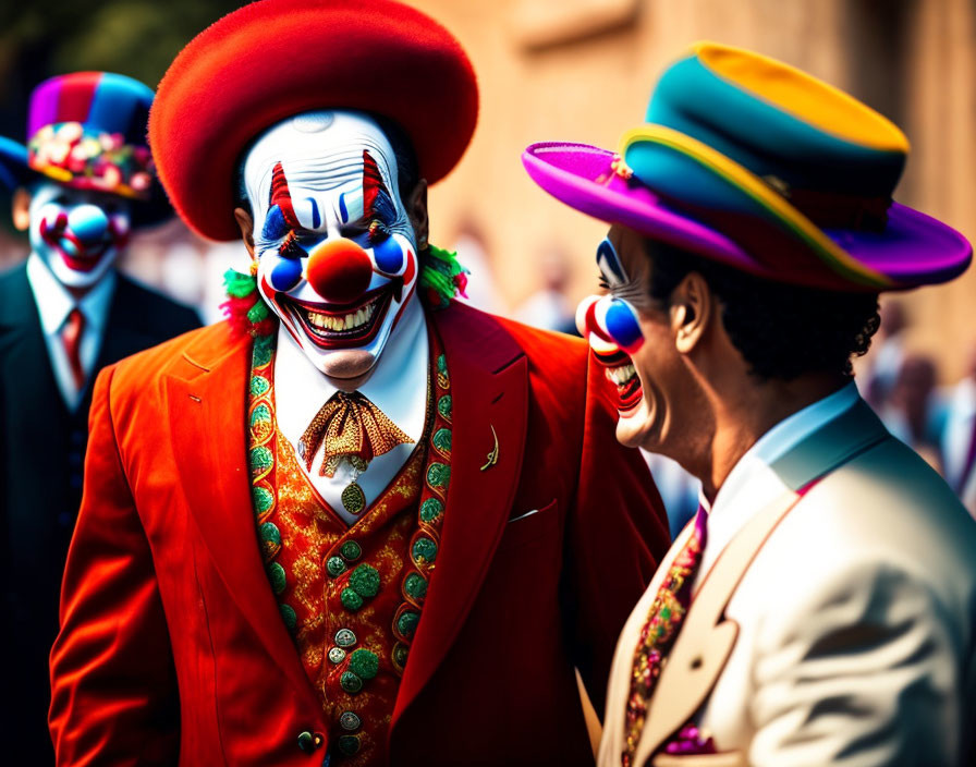 Colorful clowns with vibrant attire and painted faces in joyful outdoor scene