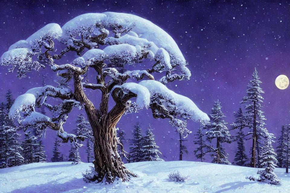 Snow-covered tree in serene winter night with full moon