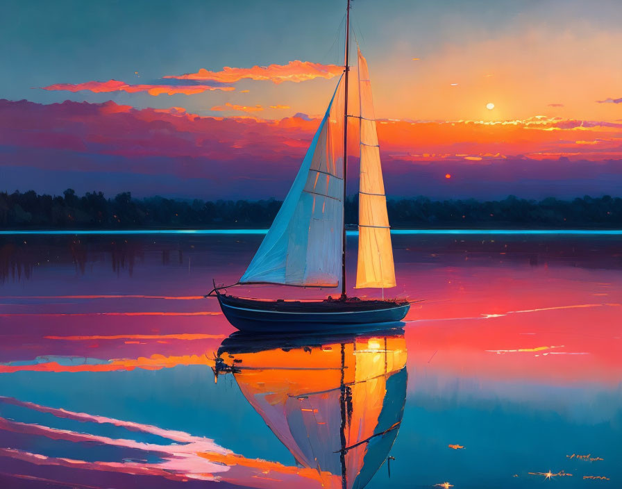 Sailboat on Glassy Lake Reflecting Vibrant Sunset Colors