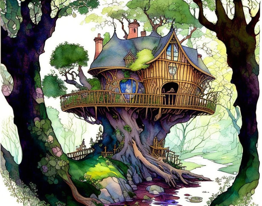 Whimsical treehouse with thatched roof in twisting tree