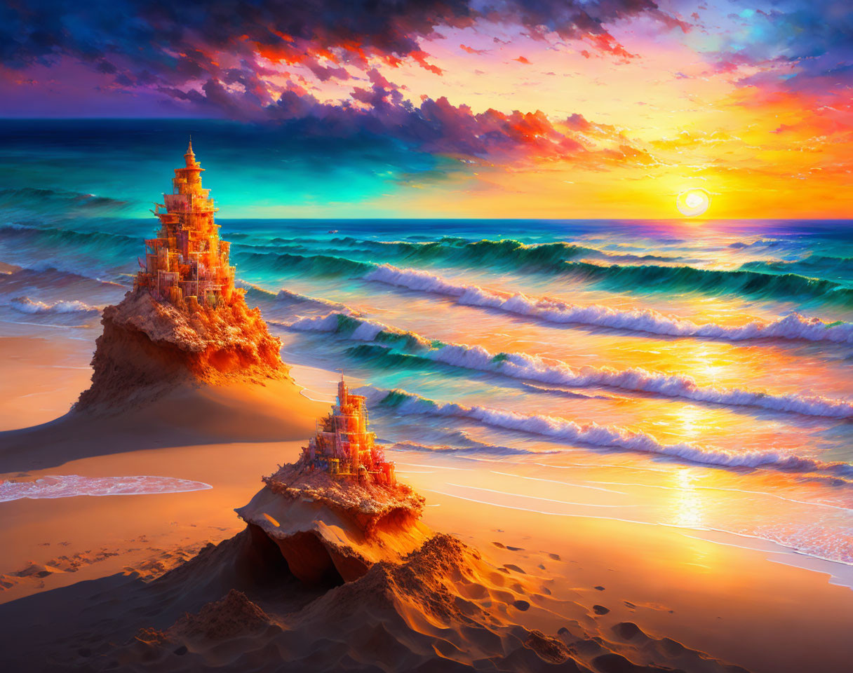 Scenic beachscape at sunset with rock formations, crashing waves, and colorful sky