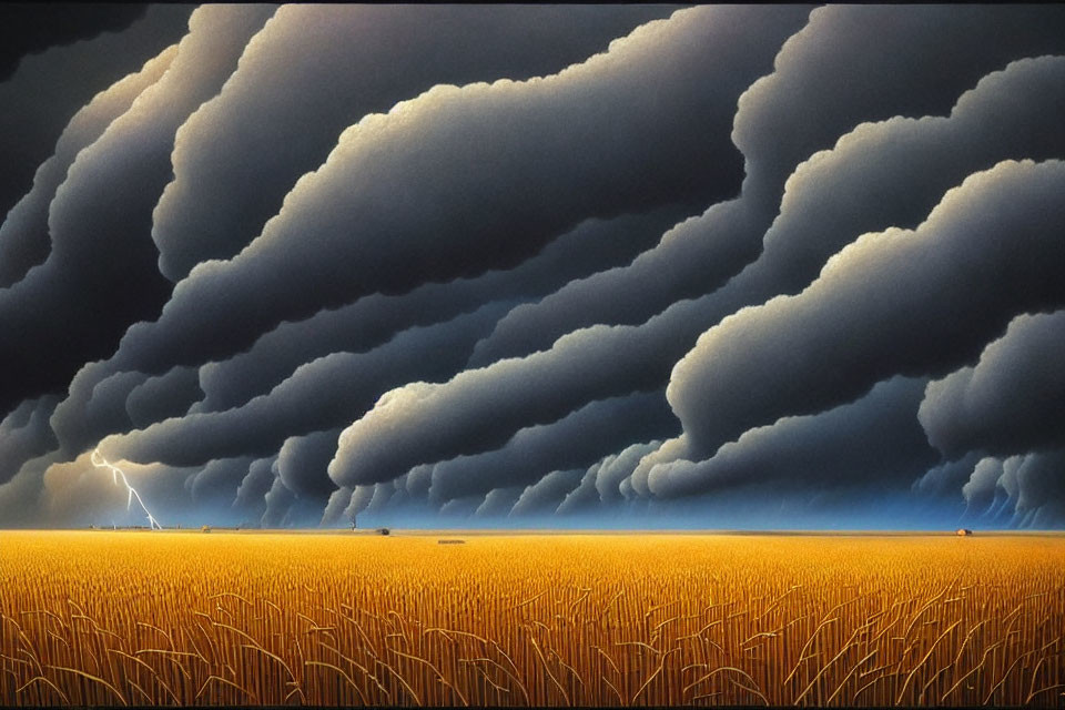 Dramatic storm clouds over golden wheat field with lightning bolt