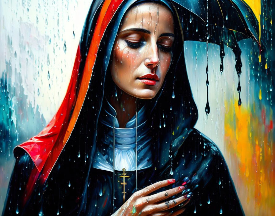 Contemplative nun in black habit with red veil holding cross in vibrant rain scene