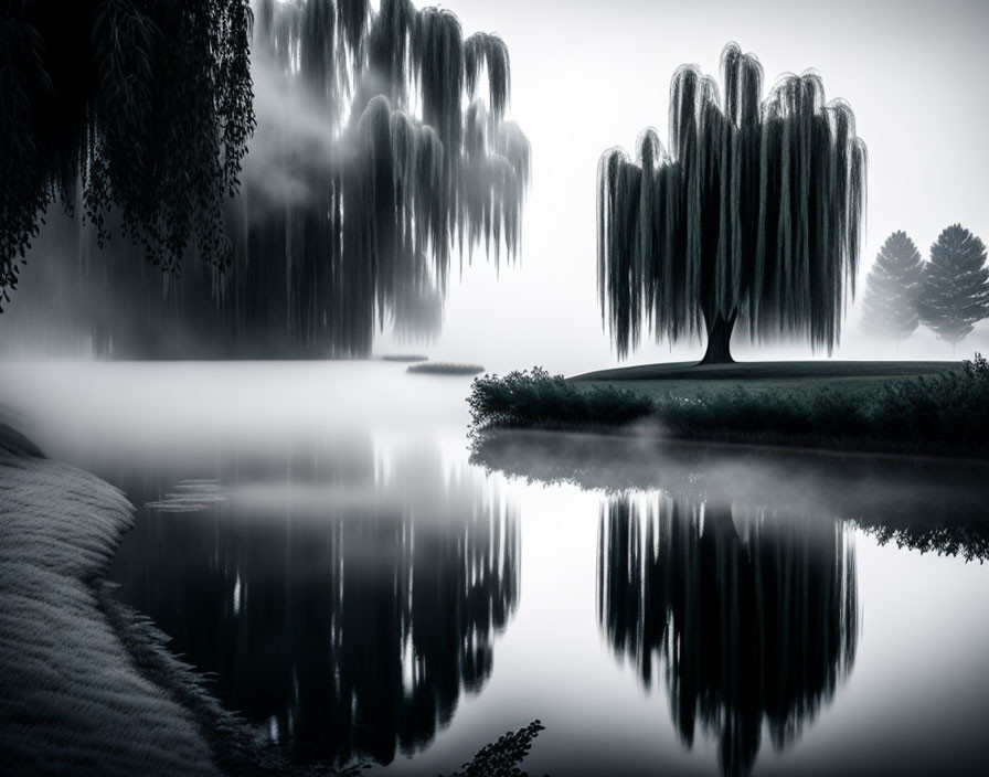 Monochrome landscape: Weeping willow tree reflected in misty lake