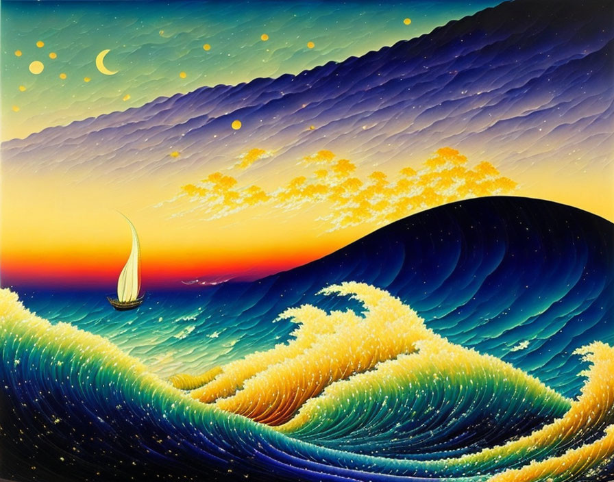 Sailboat painting: Vibrant seascape with crescent moon & golden clouds