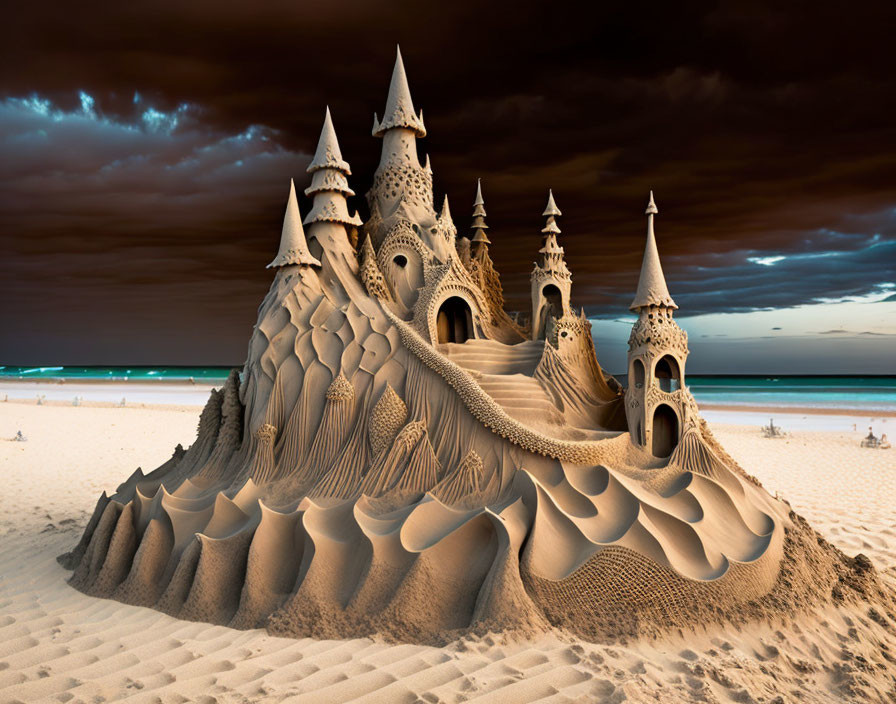 Detailed Sandcastle Sculpture Against Dramatic Sky and Calm Sea