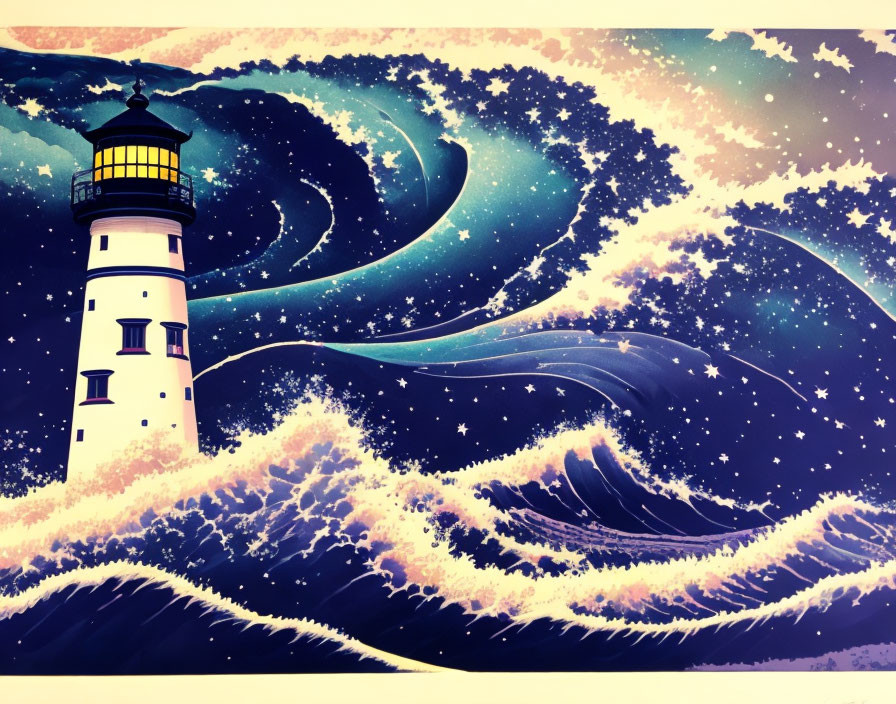 Stylized illustration of glowing lighthouse beacon amid crashing waves