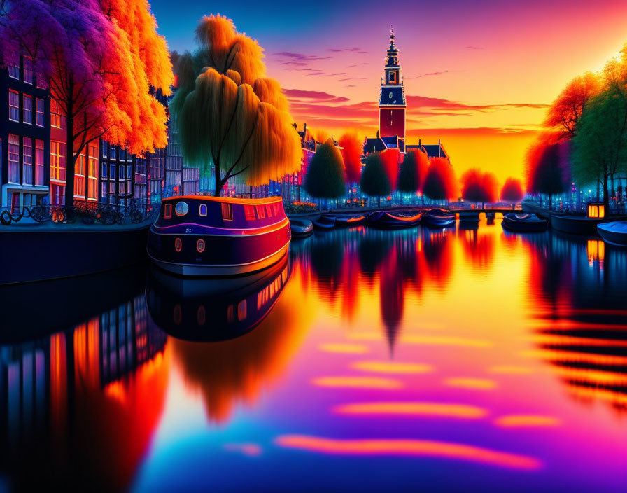 Scenic sunset over canal with reflections, colorful trees, boat, and church tower.