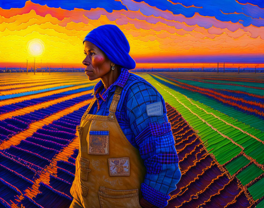 Colorful Painting of Person in Farm Overalls and Blue Hat with Sunset Background