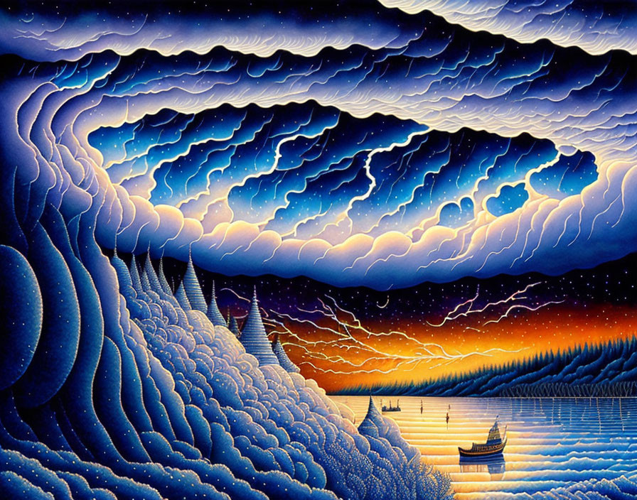 Surreal landscape with layered clouds and small boat on water