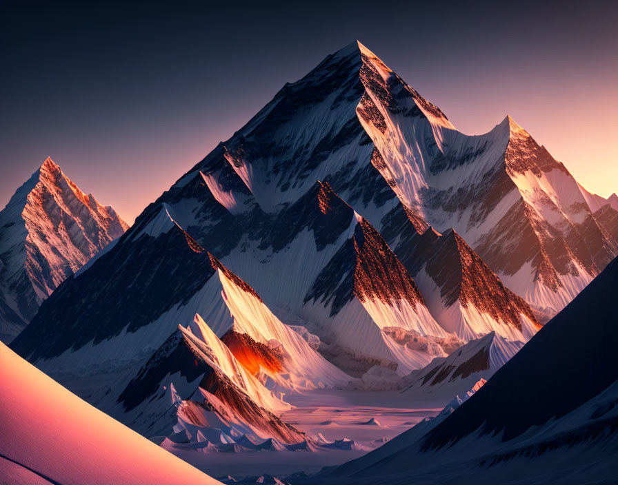 Snow-capped mountain peaks at sunset with contrasting shadows.