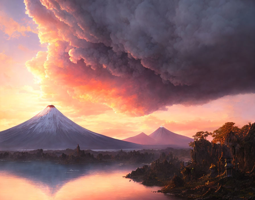 Erupting volcano spewing ash at sunset over tranquil lake