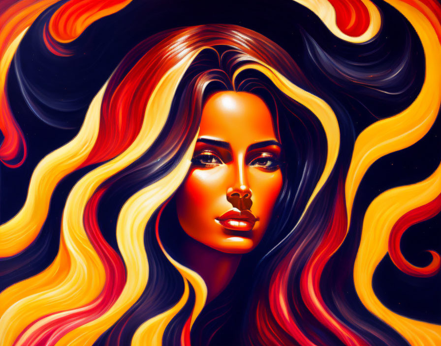 Colorful portrait of a woman with flowing hair in orange, yellow, and black against a dark background