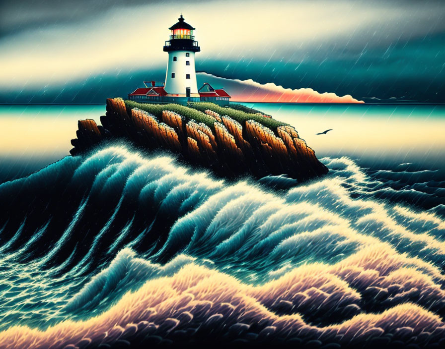 Stormy seascape with lighthouse, crashing waves, and flying bird