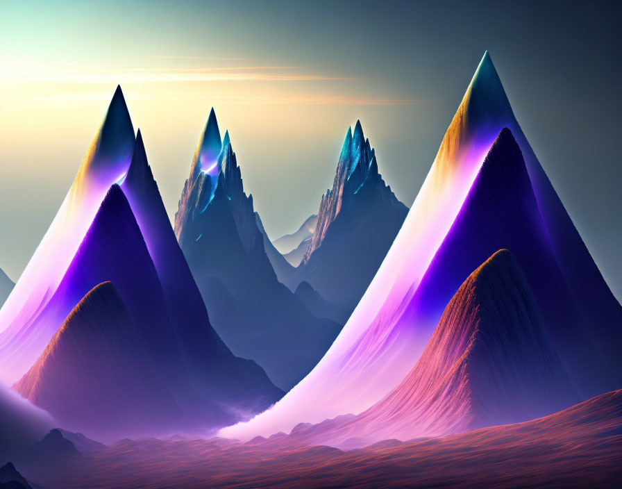 Twilight surreal landscape: glowing purple peaks, misty foreground