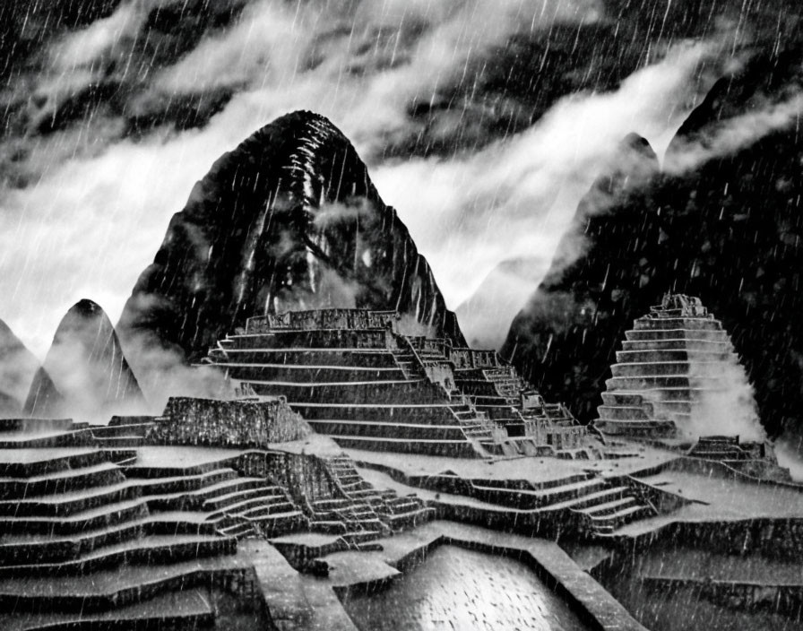 Monochrome photo: Machu Picchu in heavy rain with dramatic clouds