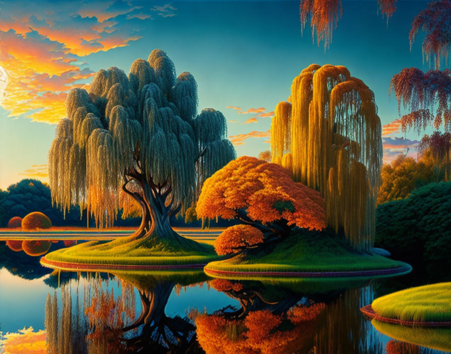 Colorful landscape with weeping willows, orange tree, river, and sunset sky.