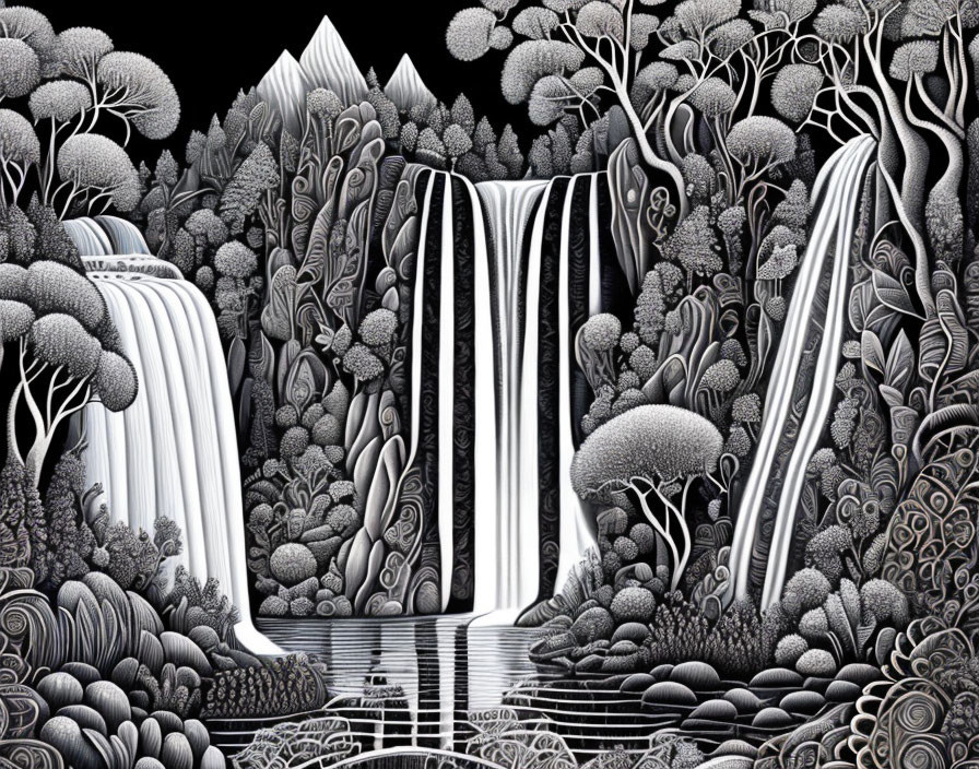 Detailed Monochrome Landscape with Waterfalls & Foliage