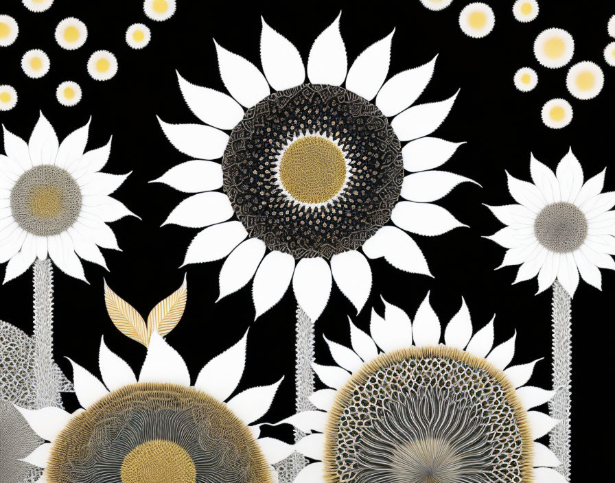 Monochrome Sunflower Art with Detailed Patterns on Black Background