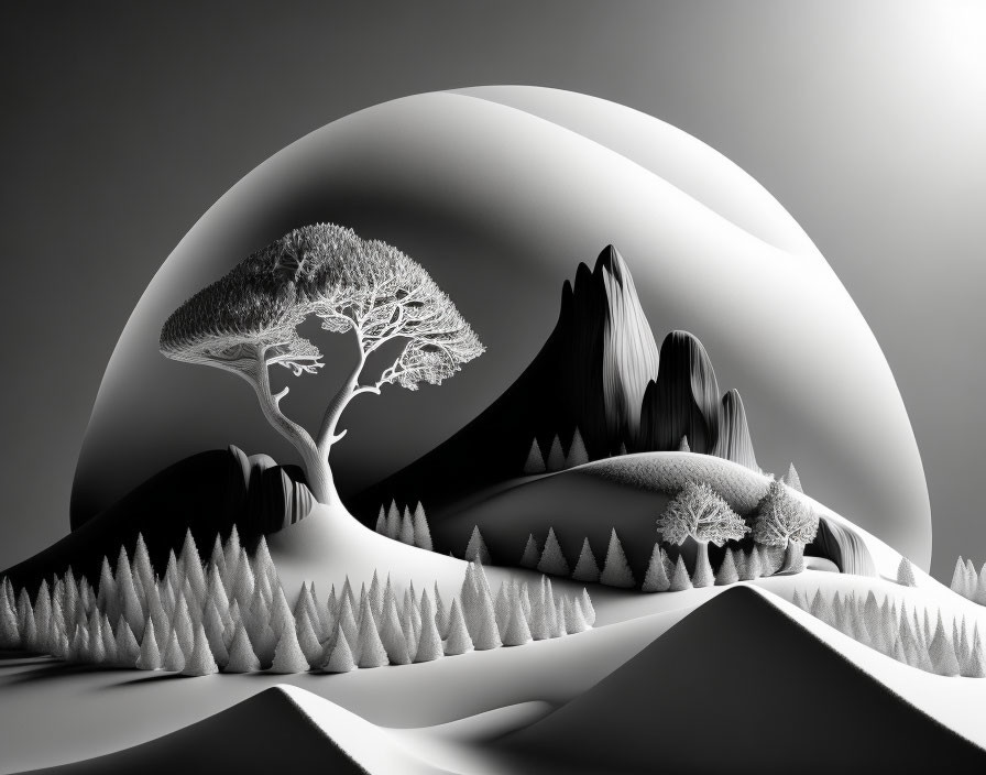 Monochromatic surreal landscape with stylized elements